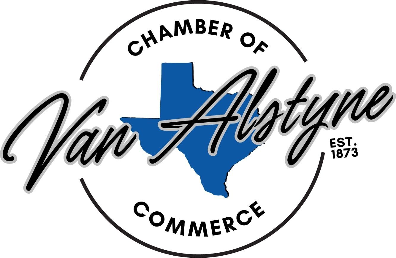 Logo for the Van Alstyne Chamber of Commerce. Features a blue Texas outline with the name 