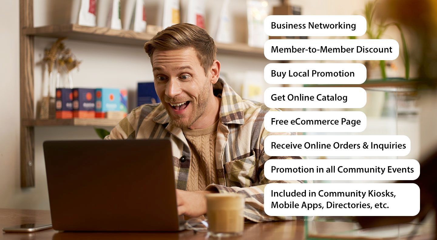 Man smiling at laptop with text bubbles: Business Networking, Member-to-Member Discount, Buy Local Promotion, Get Online Catalog, etc.