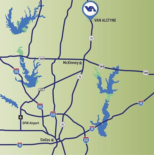 Map showing roads and bodies of water around Dallas, Texas, with the VA clinic in Van Alstyne marked.