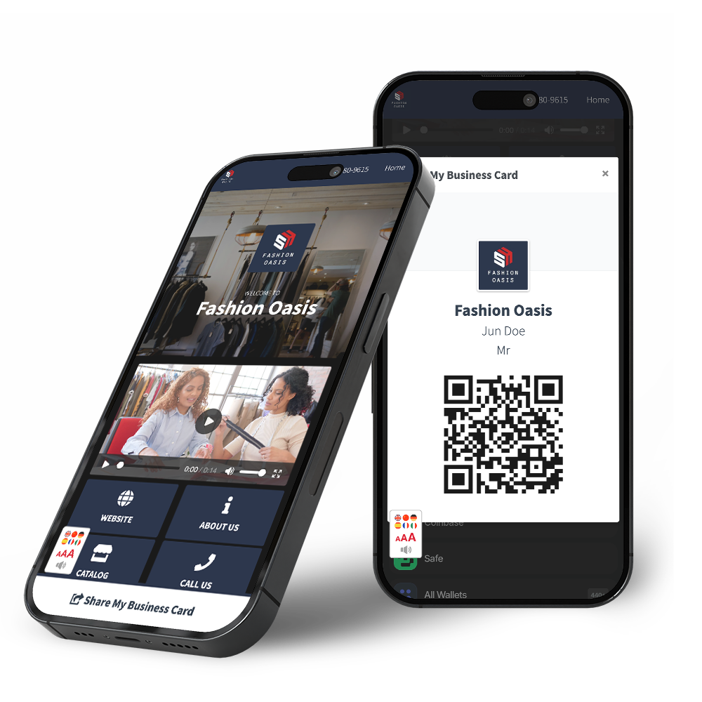 Two smartphones displaying a digital business card. One shows a video, the other a QR code for