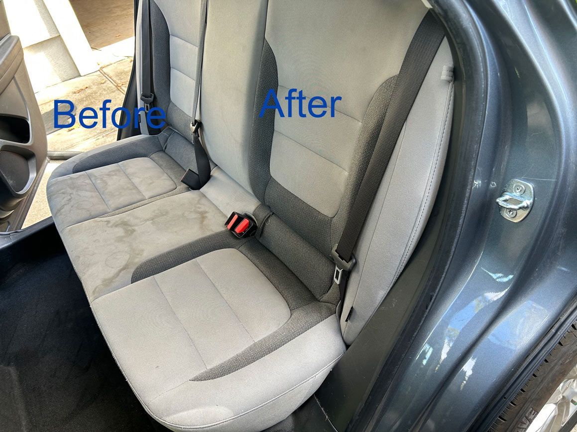 The back seat of a car is shown before and after being cleaned