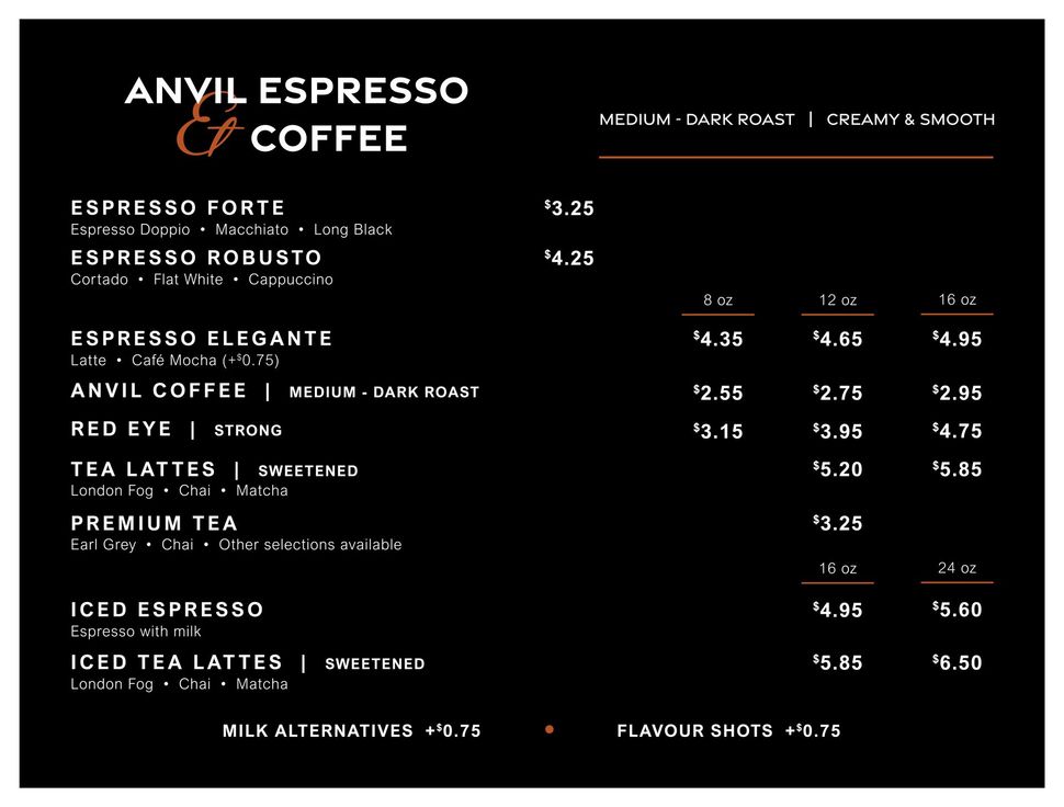The Forge Menu board for Anvil Espresso & Coffee, with prices for various espresso drinks, tea, and iced beverages.