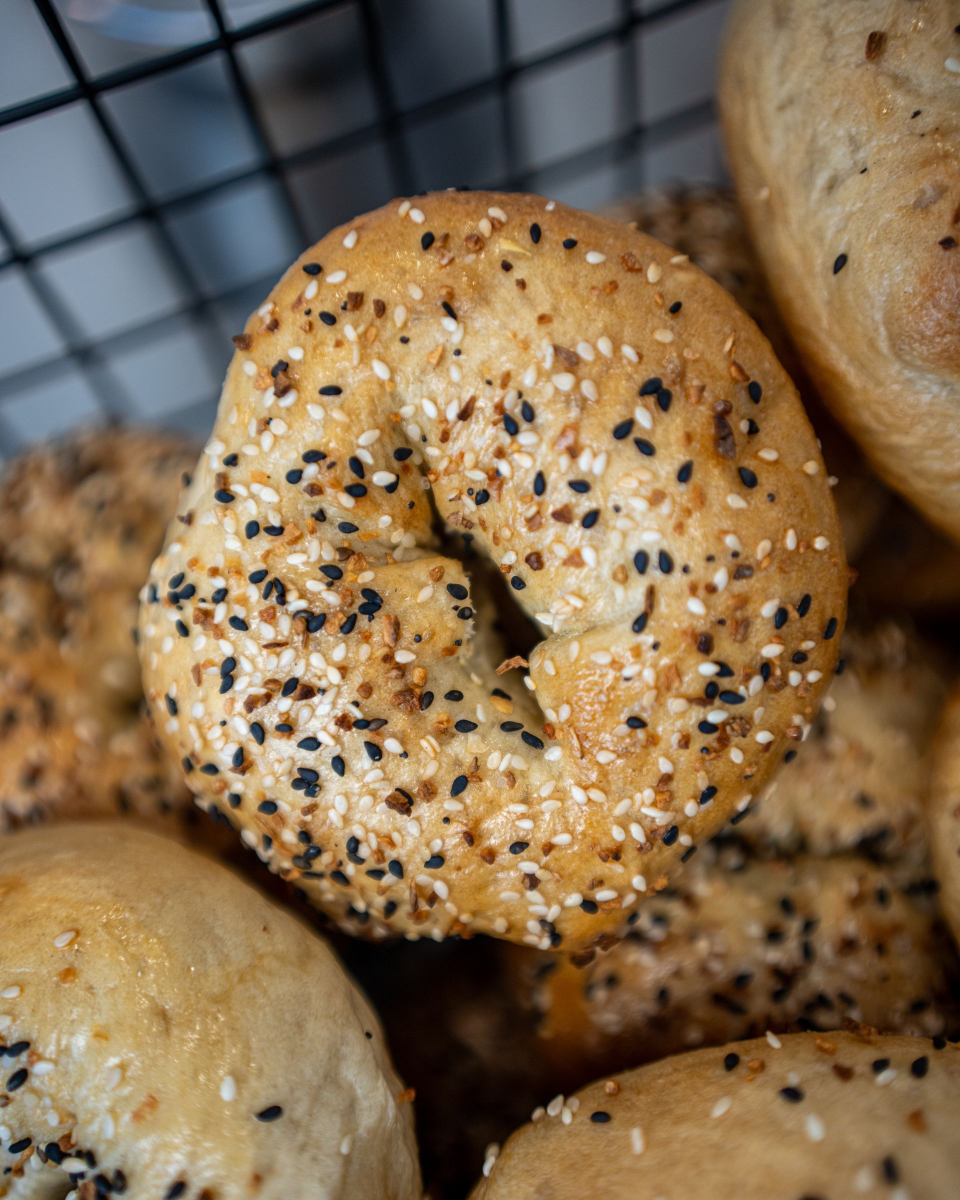 Everything bagel from The Forge Bagel Co. in a basket with sesame and poppy seeds.