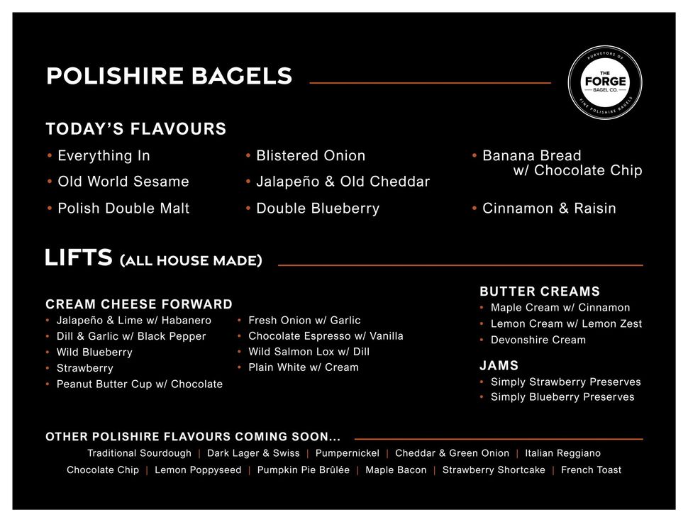 Menu board for The Forge Polishire Bagels: flavors and spreads.