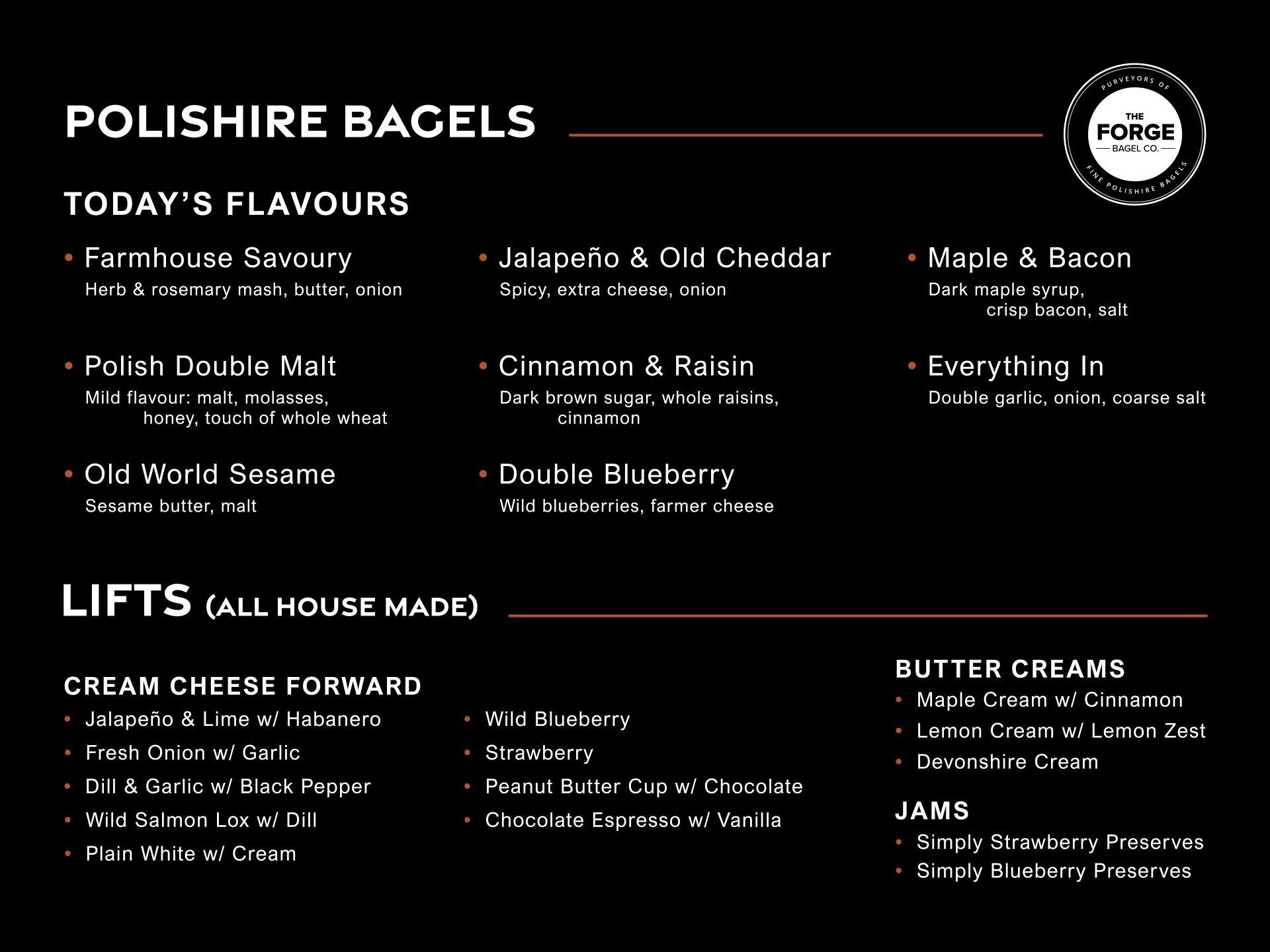 Menu for Polishire Bagels with various flavors, additions, and cream cheese options.