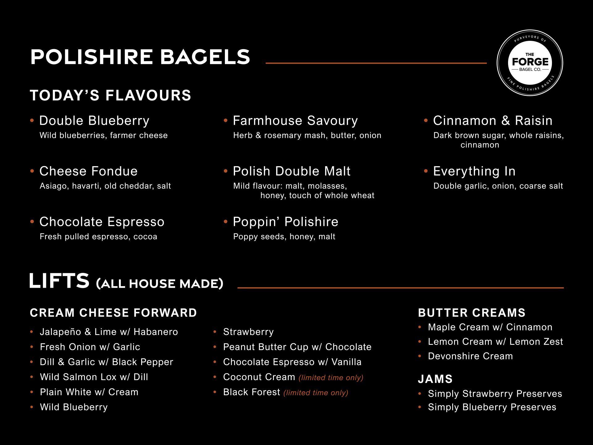 Menu for Polishire Bagels with various flavors, additions, and cream cheese options.