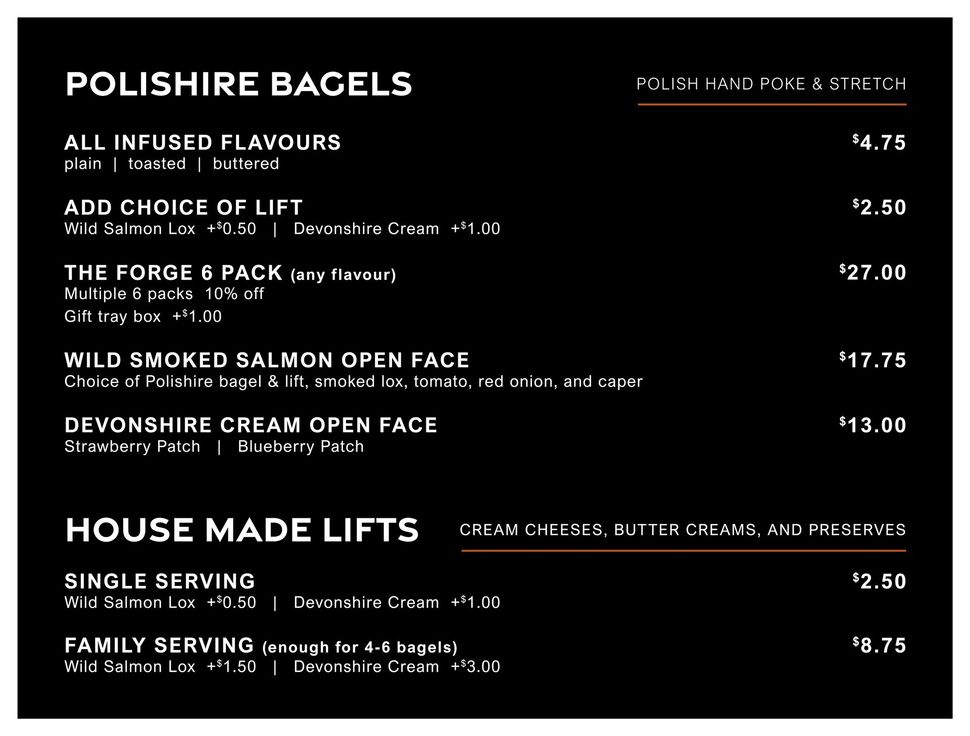The Forge Menu board for Polishire Bagels with infused flavors, various lifts, and open faces, with prices listed.
