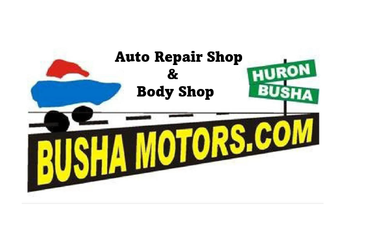 A logo for busha motors auto repair shop and body shop