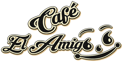 Logotipo estilizado en negro y dorado con la inscripción “Café El Amigo” y un icono decorativo de una taza de café.