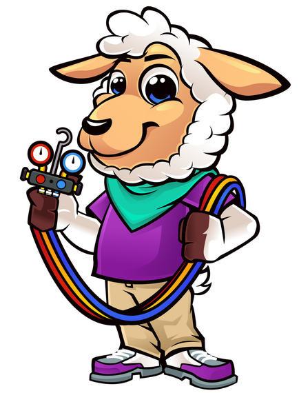 A cartoon sheep is holding a hose and a tool.
