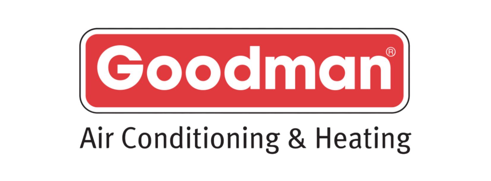 The logo for goodman air conditioning and heating is red and white.