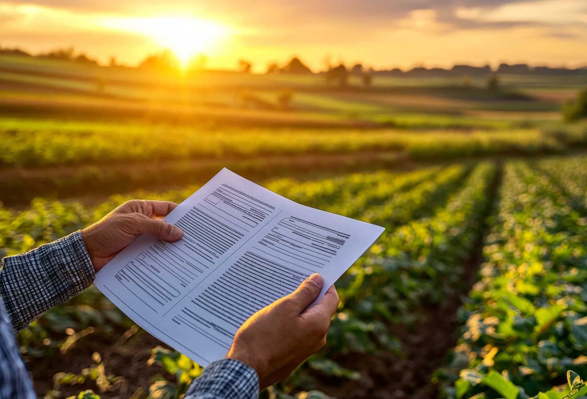 Farmer holding paperwork, reviewing crops in a field at sunset.