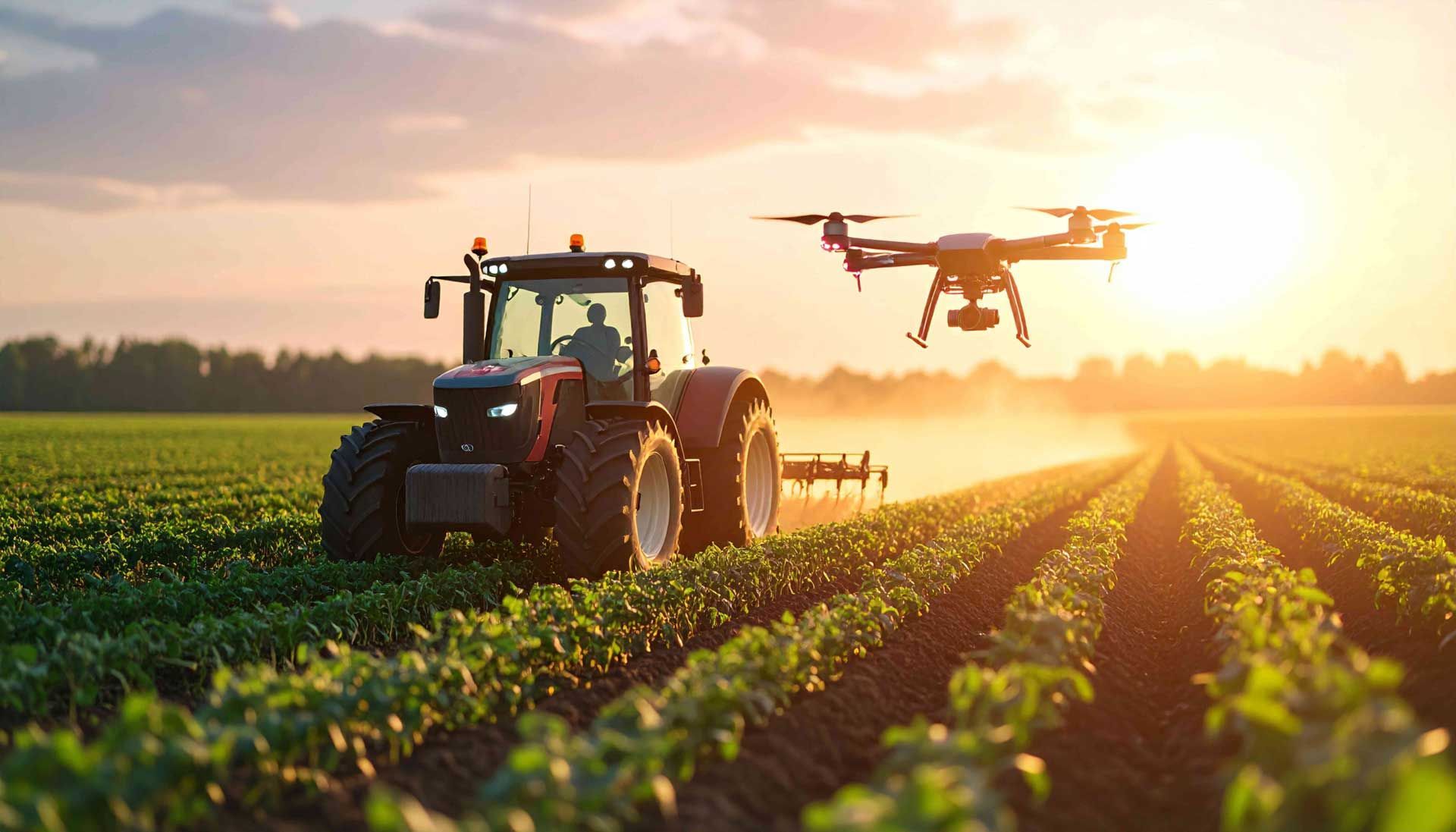 Tractor plowing a field alongside a drone, both illuminated by the setting sun.