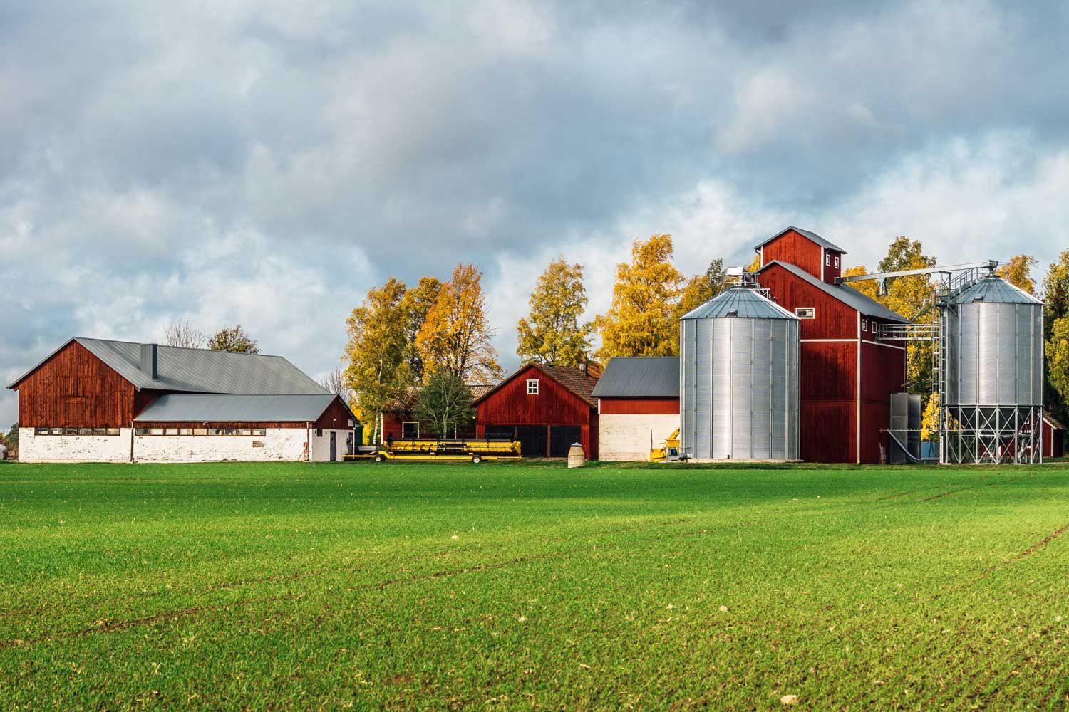 Red farm buildings with silver silos in a green field under a cloudy sky.