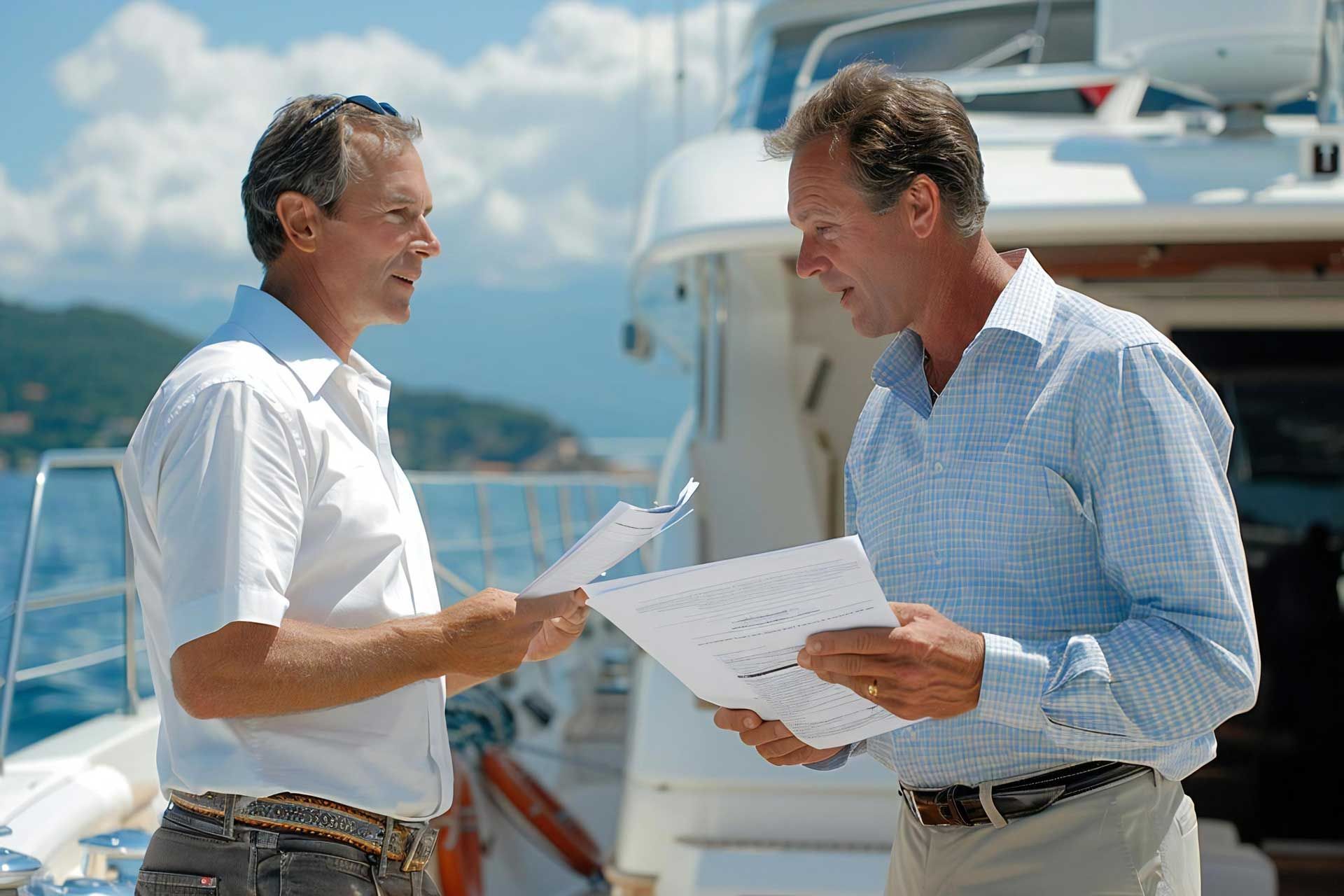 Two men reviewing documents near a yacht, sunny day.