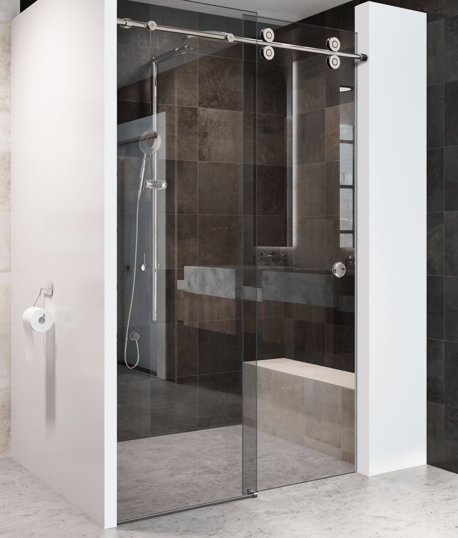 A bathroom with a sliding glass shower door