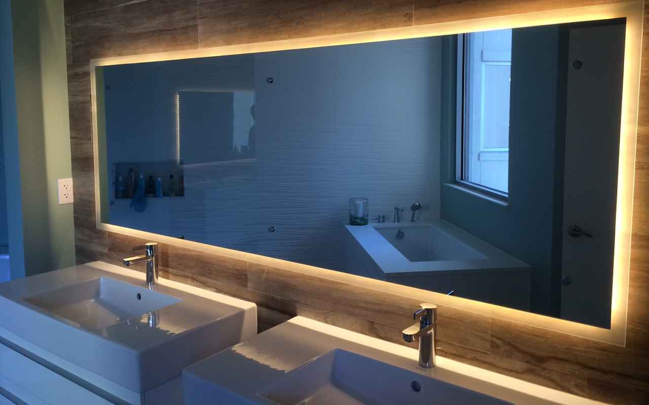 A bathroom with two sinks and a large mirror - Atlanta, GA - Parker & Son Screen & Glass Inc.