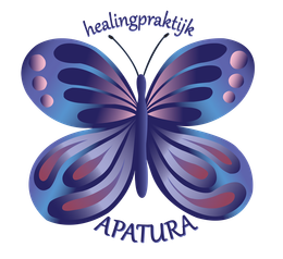 Logo met een blauwe/paarse vlinder met 