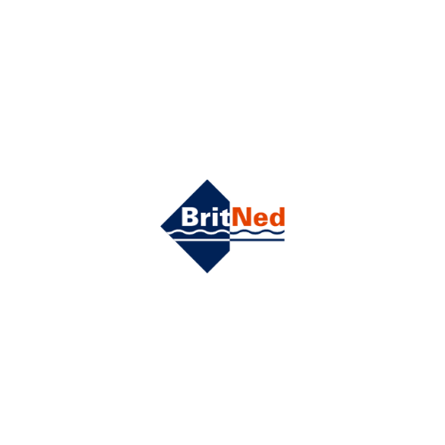 A blue and orange logo for brit ned on a white background