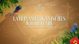 Latin American Weekend announcement with parrots, jungle foliage, and pyramid outline.