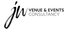 The logo for jw venue & events consultancy is black and white.