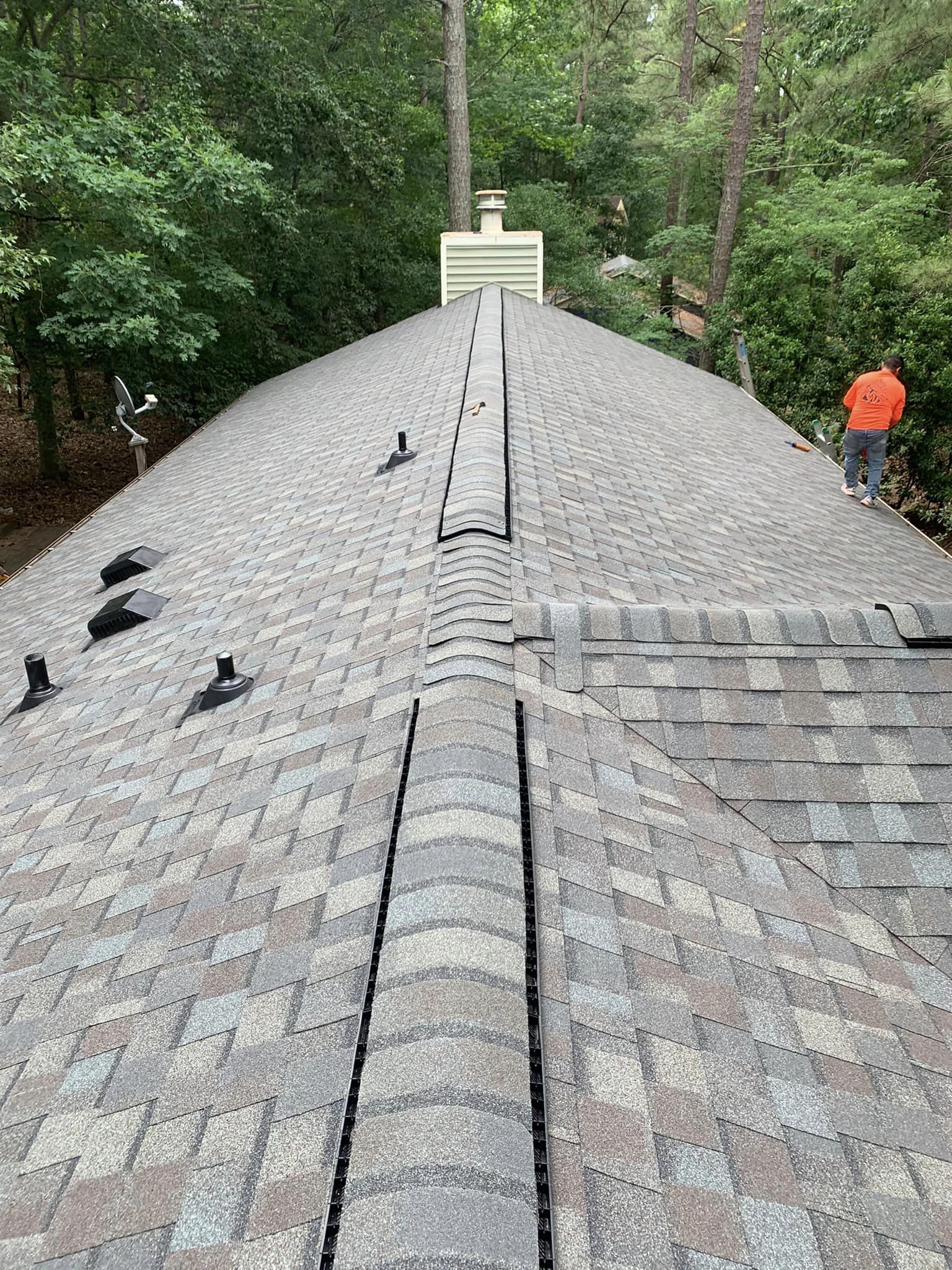 Gray shingled roof with two chimneys against a blue sky and partially visible building exterior.