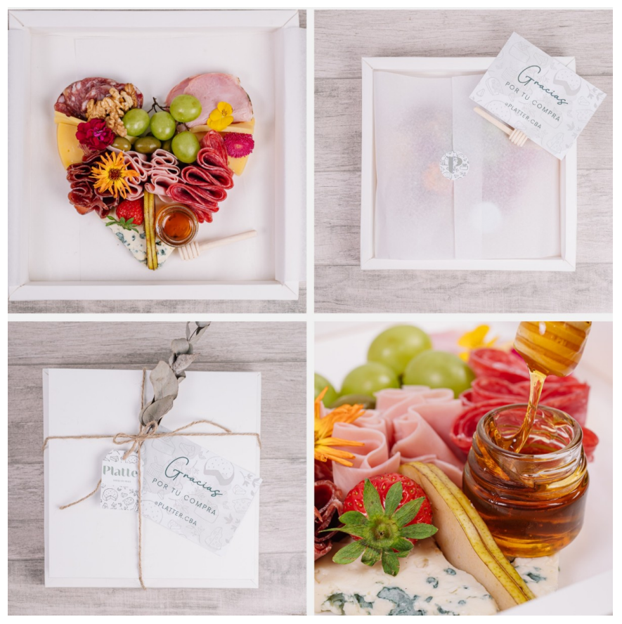 Cuatro fotos: tabla de embutidos con forma de corazón en una caja blanca, regalos. Uvas, carnes, quesos, miel.