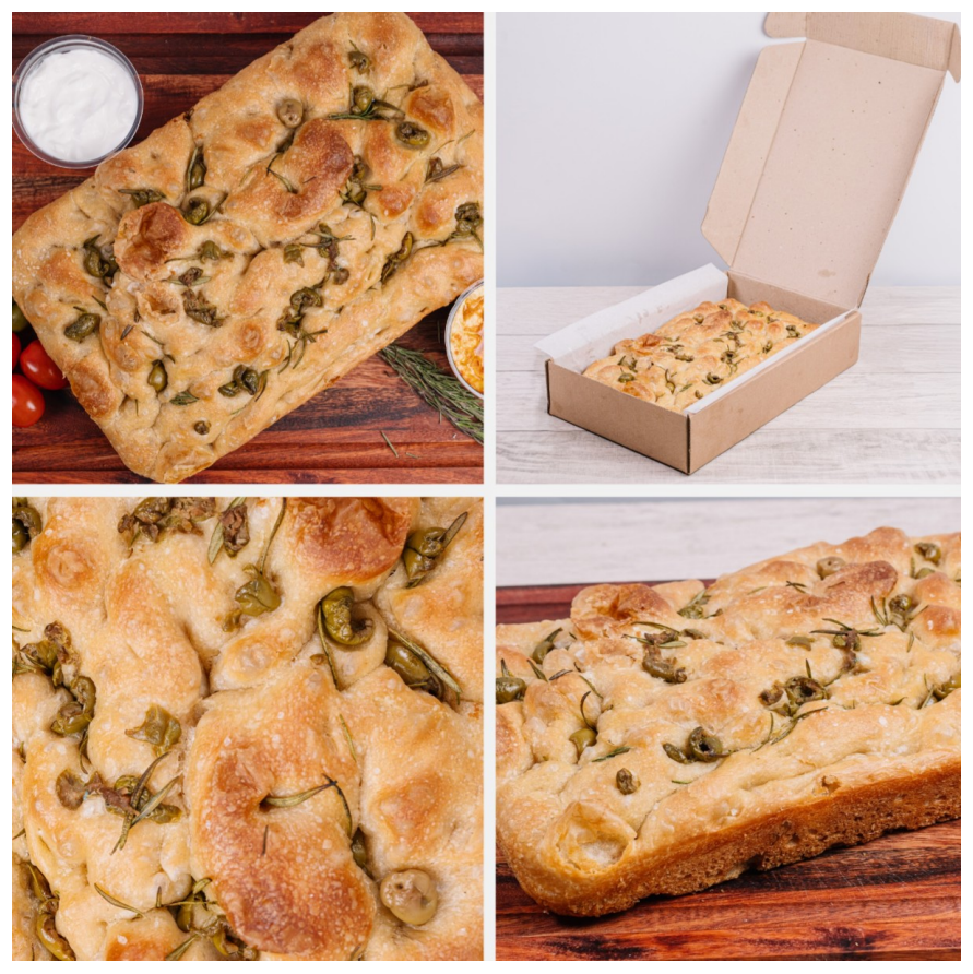 Pan focaccia con aceitunas en cuatro vistas diferentes: sobre tabla de madera, en una caja y primeros planos.