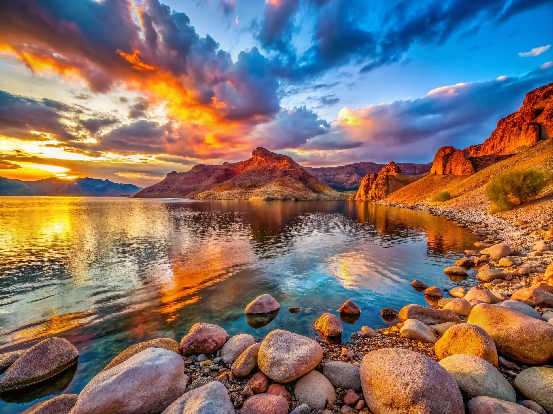 A lake with rocks on the shore and mountains in the background at sunset.