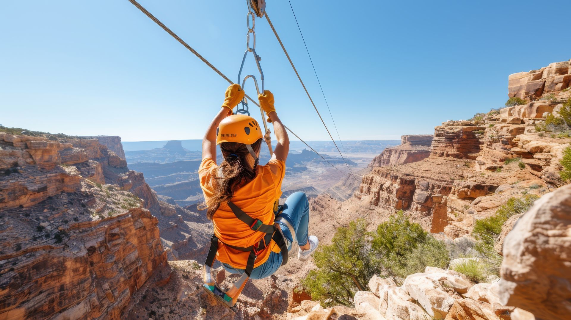 A woman is riding a zip line over a canyon.