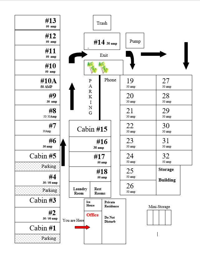 A floor plan of a cabin with arrows pointing to different rooms.