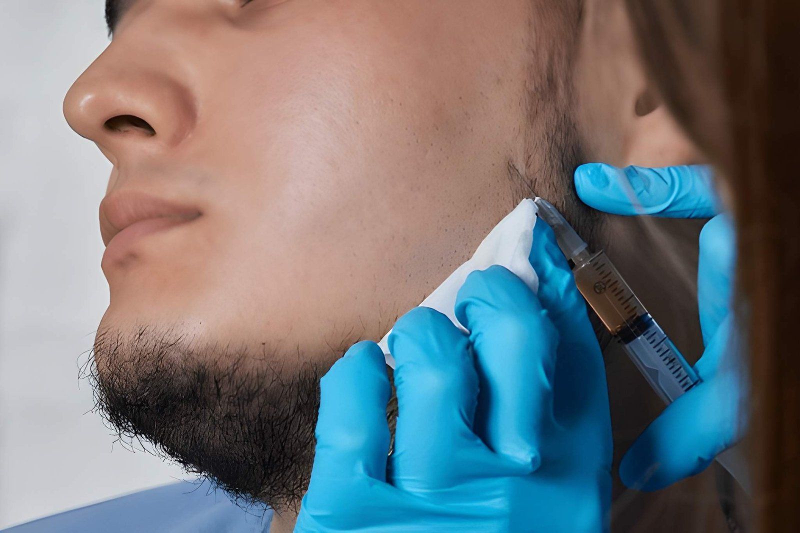 Gloved Hands Inject a MAN’s Jawline With a Syringe — A9 Skin and Hair Clinic In Westmead, NSW