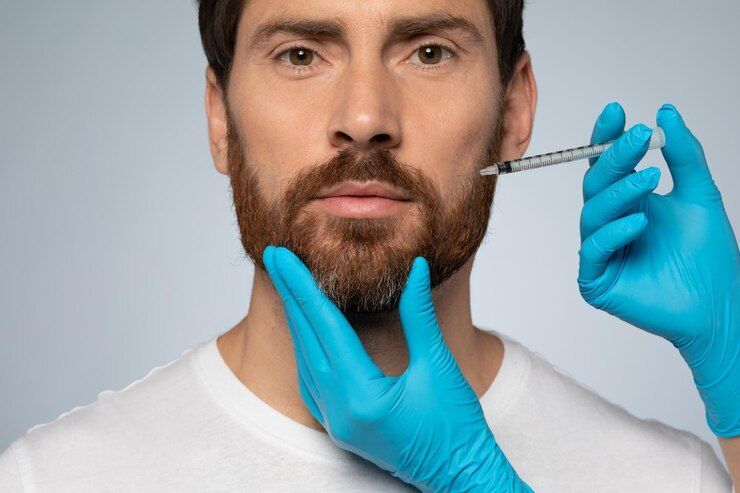Gloved Hands Injecting a Bearded MAN’s Cheek — A9 Skin and Hair Clinic In Westmead, NSW