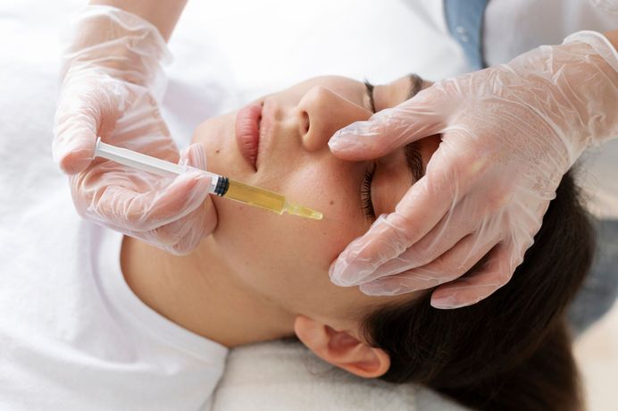 Gloved Hands Inject Yellow Facial Treatment — A9 Skin and Hair Clinic in Westmead, NSW