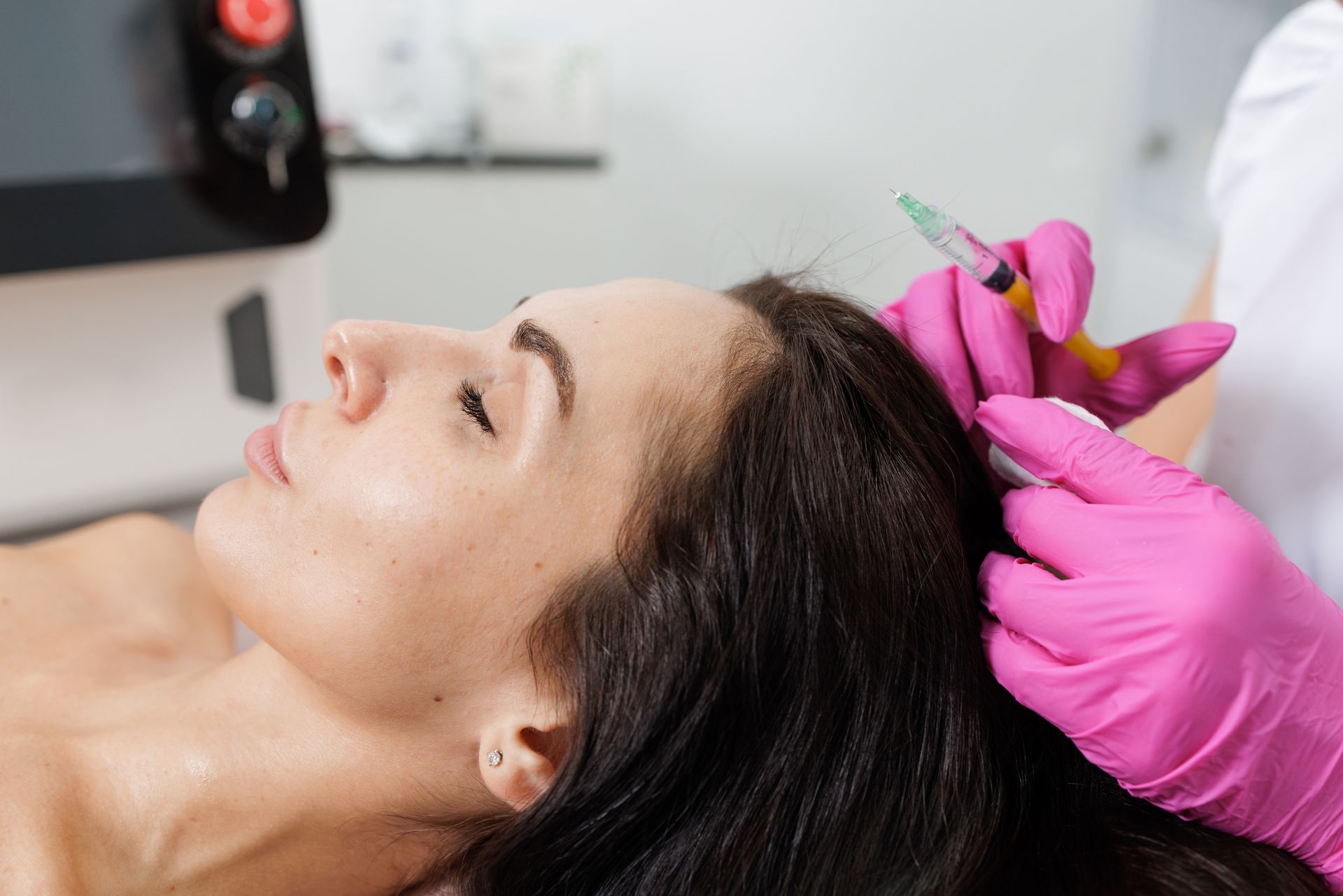 Gloved Hands Adjusting a Pink Flower Hair Accessory — A9 Skin and Hair Clinic In Westmead, NSW