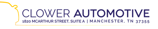 Clover Automotive logo with gold car outline and blue text, Manchester, TN address below