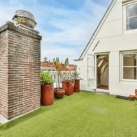 A rooftop deck with a brick chimney and potted plants.