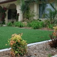 A house with a lush green lawn and bushes in front of it.