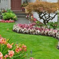 A lush green lawn with flowers in front of a house.