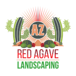 Logo for Red Agave Landscaping featuring a sunburst, saguaro cacti, and red agave plants over the text "AZ".