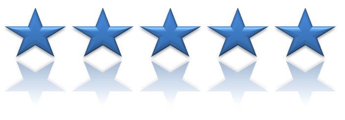 Five blue stars are lined up on a white background