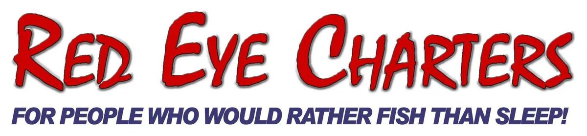 Logo for Red Eye Charters featuring red text and the slogan 