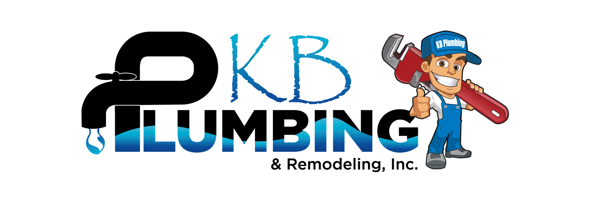 Logo for KB Plumbing & Remodeling: a cartoon plumber holding a wrench, next to text and a faucet icon.