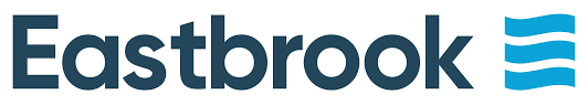 Eastbrook logo with dark blue text and blue wavy lines.