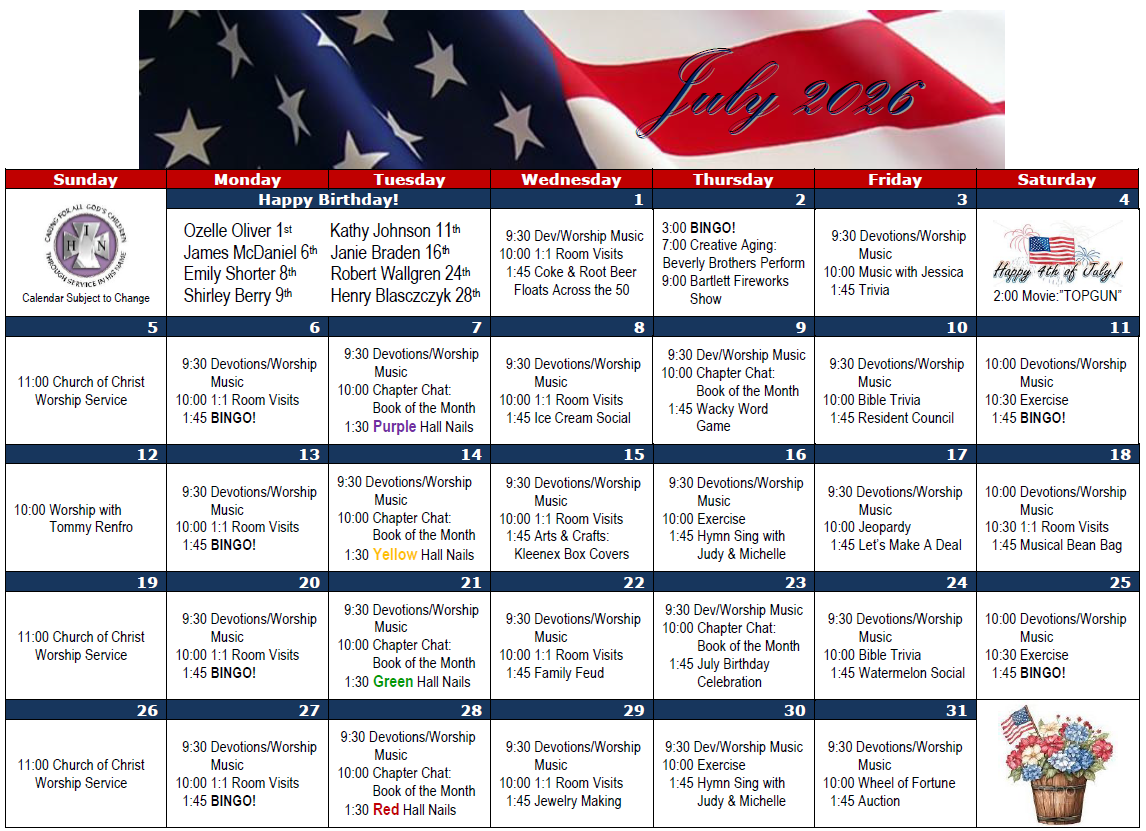 Activity Calendar KDS Bartlett