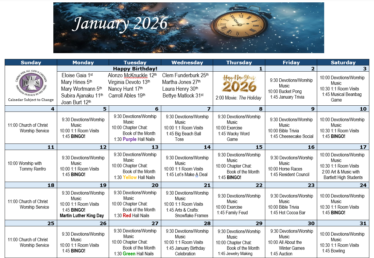 Activity Calendar KDS Bartlett