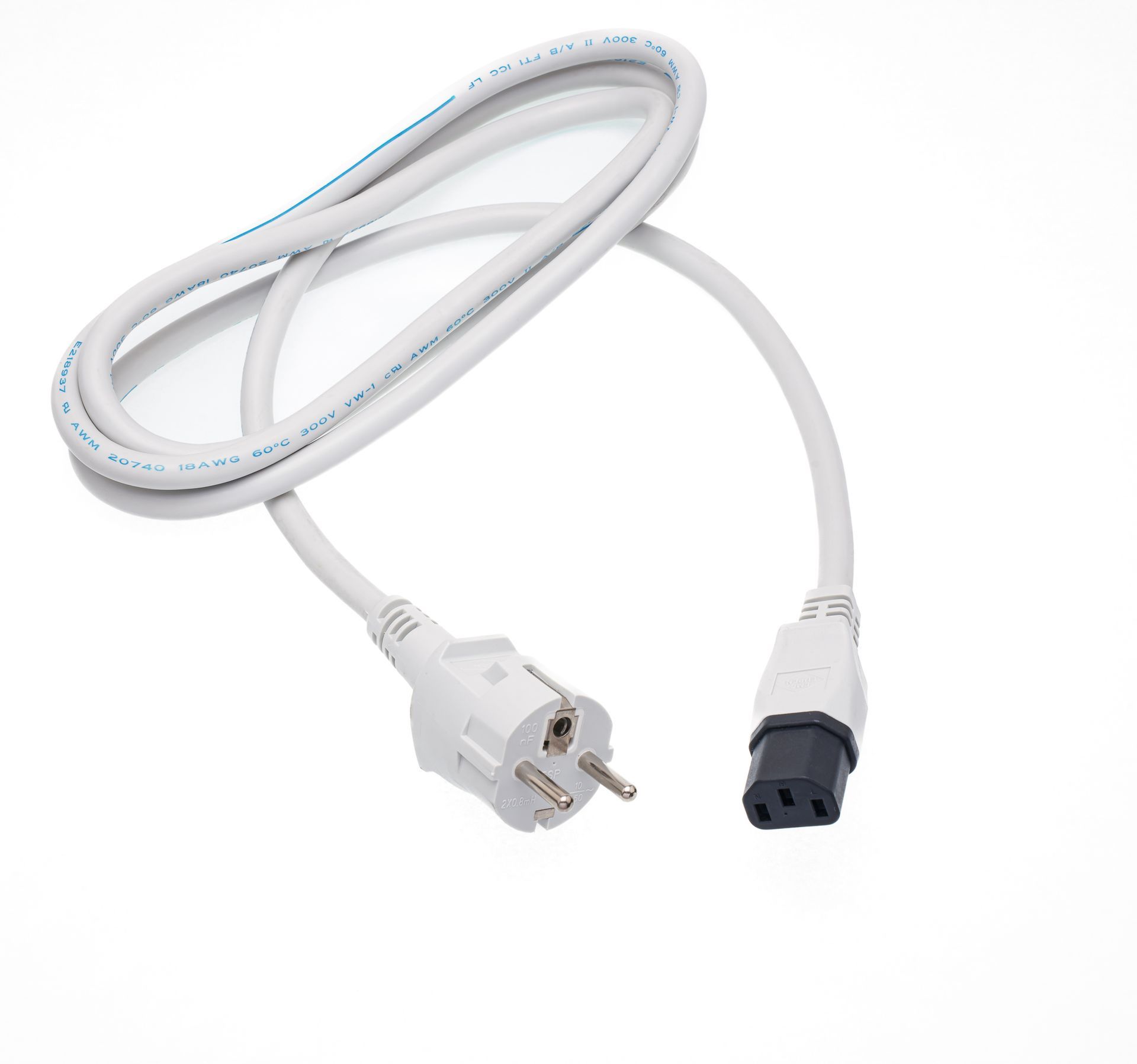A white cord with a black plug on the end
