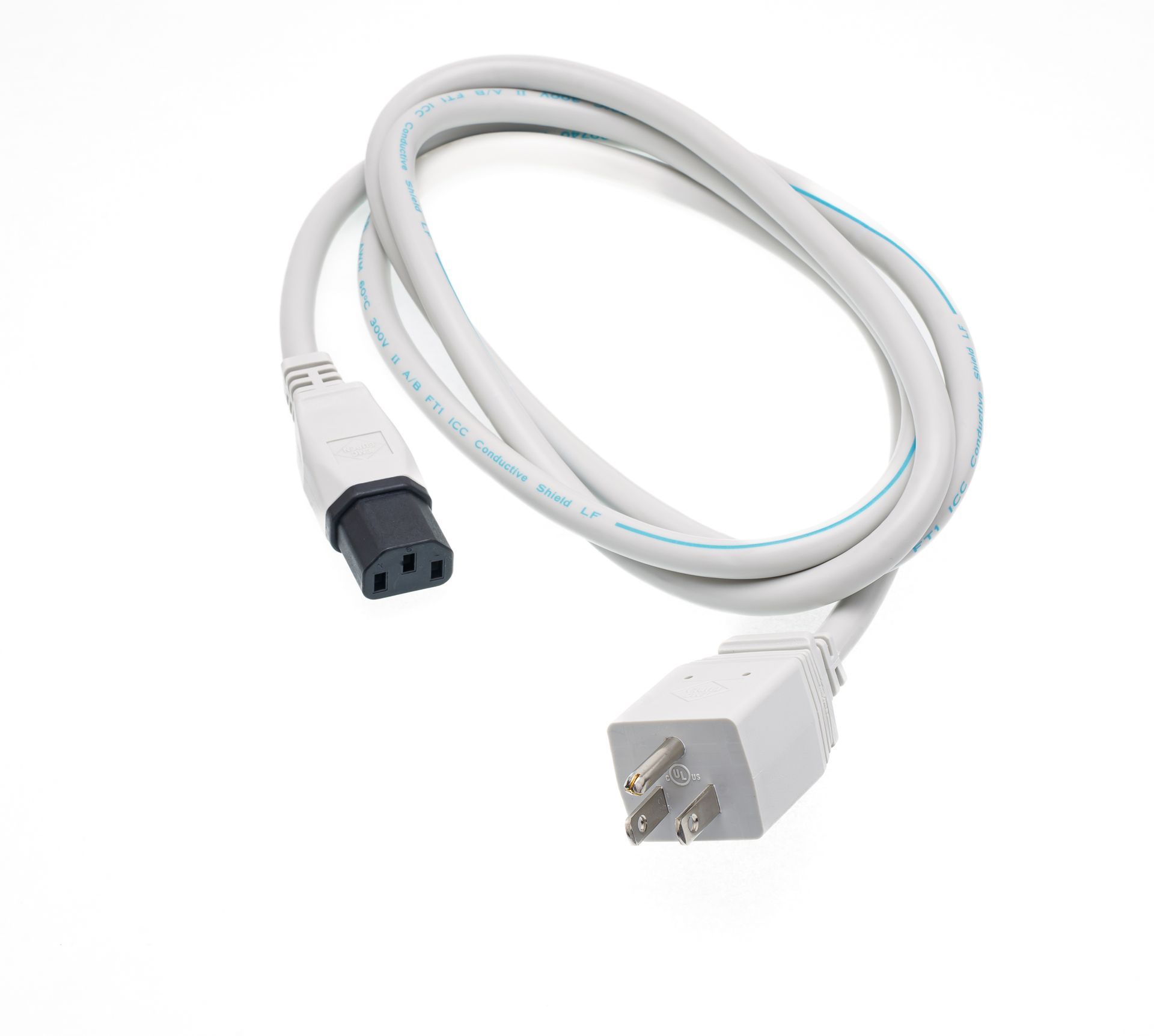 A white cord with a black plug on the end