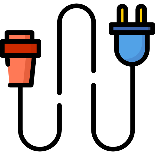 A cartoon illustration of a cord with two plugs attached to it.