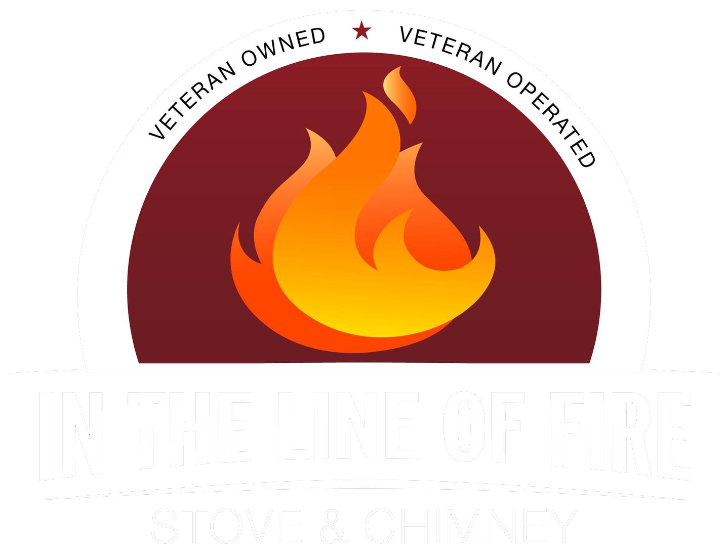 Logo: Flame over maroon circle, text "Veteran Owned, Operated," "At The Hearth" below, "Stove & Chimney".